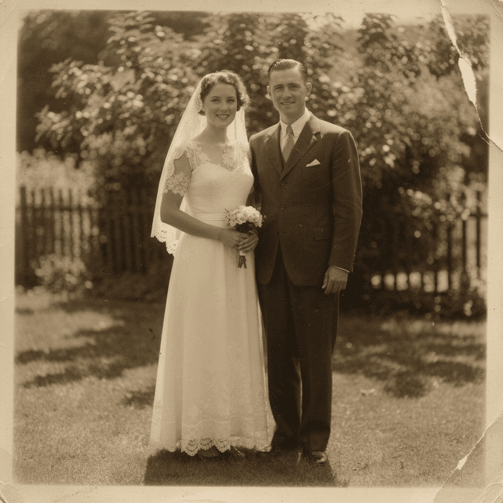 My grandmother's wedding photo from the 1938, brought to life, before restoration